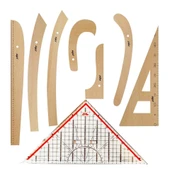 FDM 8 Parça Set - 7 Parça Ahşap Riga Seti ve Modelist Gönyesi - Riga Takımı -Dikiş Seti Cetvel - 1