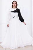Yaka ve Kol Detaylı Şifon Abiye Elbise 2744-Beyaz thumbnail 1