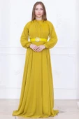 Yaka Boncuk İşlemeli Kemerli Şifon Abiye 2742-Yağ Yeşili - 1
