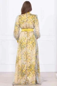 Yaka Bağlama Detaylı Boncuk İşlemeli Şifon Elbise 2735-Sarı thumbnail 7
