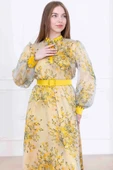 Yaka Bağlama Detaylı Boncuk İşlemeli Şifon Elbise 2735-Sarı thumbnail 3