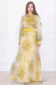 Yaka Bağlama Detaylı Boncuk İşlemeli Şifon Elbise 2735-Sarı thumbnail 1