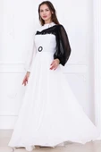 Yaka ve Kol Detaylı Şifon Abiye Elbise 2744-Beyaz thumbnail 3