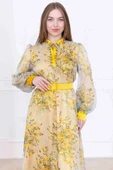 Yaka Bağlama Detaylı Boncuk İşlemeli Şifon Elbise 2735-Sarı thumbnail 2