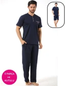 Erkek 3 Düğmeli Likralı Pamuk Kısa Kol Cepli Şortlu 3lü Pijama Takımı-3 Parça Kutulu Çeyizlik Set - 8