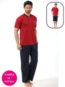 Erkek 3 Düğmeli Likralı Pamuk Kısa Kol Cepli Şortlu 3lü Pijama Takımı-3 Parça Kutulu Çeyizlik Set - 1
