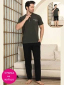 Erkek 3 Düğmeli Likralı Pamuk Kısa Kol Cepli Şortlu 3lü Pijama Takımı-3 Parça Kutulu Çeyizlik Set - 12