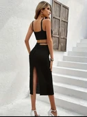 Lucky Life Askılı Lucky Life Kadın Crop Bel Detaylı Derin Yırtmaçlı Etek Triko Ikili Takım - 1