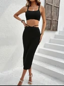 Lucky Life Askılı Lucky Life Kadın Crop Bel Detaylı Derin Yırtmaçlı Etek Triko Ikili Takım - 3