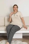 Kadın Desenli Bisiklet Yaka 3 Düğmeli Yırtmaç Detaylı Büyük Beden Viskon Kısa Kol Pijama Takımı - 3