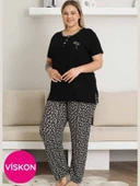 Kadın Desenli Bisiklet Yaka 3 Düğmeli Yırtmaç Detaylı Büyük Beden Viskon Kısa Kol Pijama Takımı - 9