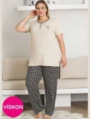 Kadın Desenli Bisiklet Yaka 3 Düğmeli Yırtmaç Detaylı Büyük Beden Viskon Kısa Kol Pijama Takımı - 4