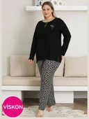 Kadın Desenli Bisiklet Yaka 3 Düğmeli Yırtmaç Detaylı Büyük Beden Viskon Uzun Kol Pijama Takımı - 1