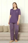 Kadın Mor Çiçek Desen Bisiklet Yaka 3 Düğmeli Yırtmaç Detay Büyük Beden Viskon Kısa Kol Pijama Takım - 4