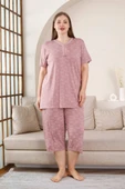Kadın Gül Kurusu V Yaka Dantel Detay Viskon 3 Düğmeli Kısa Kol Yazlık Büyük Beden Kapri Pijama - 5