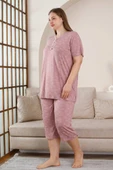 Kadın Gül Kurusu V Yaka Dantel Detay Viskon 3 Düğmeli Kısa Kol Yazlık Büyük Beden Kapri Pijama - 3