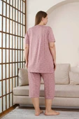 Kadın Gül Kurusu V Yaka Dantel Detay Viskon 3 Düğmeli Kısa Kol Yazlık Büyük Beden Kapri Pijama - 4