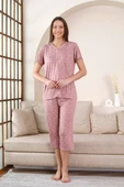 Kadın Gül Kurusu V Yaka Dantel Detay Viskon 3 Düğmeli Kısa Kol Yazlık Kapri Pijama Takımı - 3