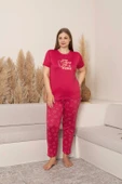 Kadın Bisiklet Yaka Düğmesiz Battal Kesim Viskon Yazlık Kısa Kol Büyük Beden Pijama Takımı - 3