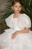 Kız Çocuk Balon Kollu Eteği KatKat Fırfırlı İçi Astarlı Beyaz Abiye thumbnail 3