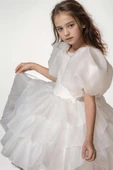 Kız Çocuk Balon Kollu Eteği KatKat Fırfırlı İçi Astarlı Beyaz Abiye thumbnail 1