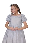 Kız Çocuk Kare Yaka Şeffaf Tüllü Omuzları Fırfırlı Beli Fiyonk Detaylı Üzeri Simli Gri Abiye thumbnail 8
