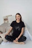 Kadın Desenli Bisiklet Yaka Düğmesiz Milan Yazlık Kısa Kol Pijama Takımı - 6