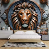 3D Bronz Aslan Motifli Duvar Kağıdı Baskı thumbnail 2