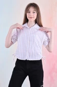 Kız Çocuk Büzgü Detaylı-Çizgi Desenli Crop Gömlek 6-14 Yaş 12251 - 2