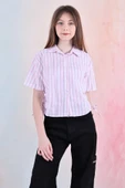 Kız Çocuk Büzgü Detaylı-Çizgi Desenli Crop Gömlek 6-14 Yaş 12251 - 9