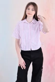 Kız Çocuk Büzgü Detaylı-Çizgi Desenli Crop Gömlek 6-14 Yaş 12251 - 10