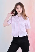 Kız Çocuk Büzgü Detaylı-Çizgi Desenli Crop Gömlek 6-14 Yaş 12251 - 1
