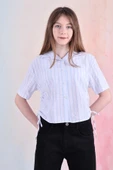 Kız Çocuk Büzgü Detaylı-Çizgi Desenli Crop Gömlek 6-14 Yaş 12251 - 3