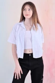 Kız Çocuk Büzgü Detaylı-Çizgi Desenli Crop Gömlek 6-14 Yaş 12251 - 4
