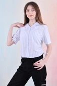 Kız Çocuk Büzgü Detaylı-Çizgi Desenli Crop Gömlek 6-14 Yaş 12251 - 6