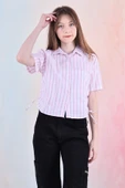 Kız Çocuk Büzgü Detaylı-Çizgi Desenli Crop Gömlek 6-14 Yaş 12251 - 11