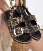 Pabucmarketi Siyah Simli Tekstil Kadın Düz Sandalet - 1