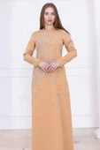 Taş Desenli ve Tüylü Kol Detaylı Abiye Elbise 2747-Camel thumbnail 1