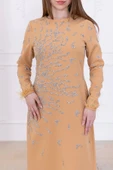 Taş Desenli ve Tüylü Kol Detaylı Abiye Elbise 2747-Camel thumbnail 4