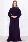 Büzgülü ve Bağlama Detaylı İşlemeli Abiye Elbise 2761-Mürdüm - 1