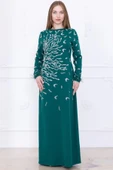 Taş Desenli ve Tüylü Kol Detaylı Abiye Elbise 2747-Zümrüt Yeşili thumbnail 1