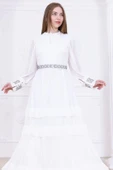Yaka İşlemeli Taşlı Kol ve Kemer Detaylı Kat Kat Abiye Elbise 2756-Beyaz thumbnail 3