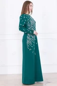 Taş Desenli ve Tüylü Kol Detaylı Abiye Elbise 2747-Zümrüt Yeşili thumbnail 5