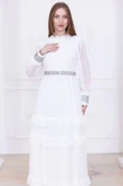Yaka İşlemeli Taşlı Kol ve Kemer Detaylı Kat Kat Abiye Elbise 2756-Beyaz thumbnail 2