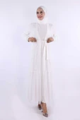 İncili Abaya Ve Elbise Takım 8491 Ekru - 1