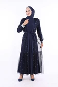 İncili Abaya Ve Elbise Takım 8491 Lacivert thumbnail 4