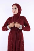 İncili Abaya Ve Elbise Takım 8491 Bordo - 5