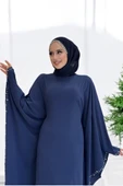Taş Detaylı Yarasakol Gizli İp Kuşaklı Elbise 3969 Lacivert - 4