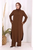 Düğmeli Cepli Tunik ve Pantolon İkili Takım 8682 Kahverengi thumbnail 2