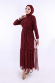 İncili Abaya Ve Elbise Takım 8491 Bordo - 2